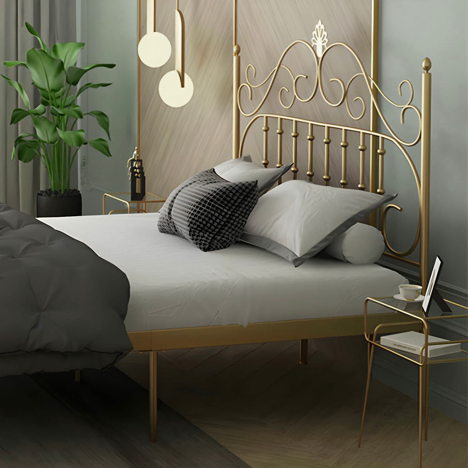 Glam Metal Bed Frame with Camelback Open-Frame Headboard and Footboard - image 7