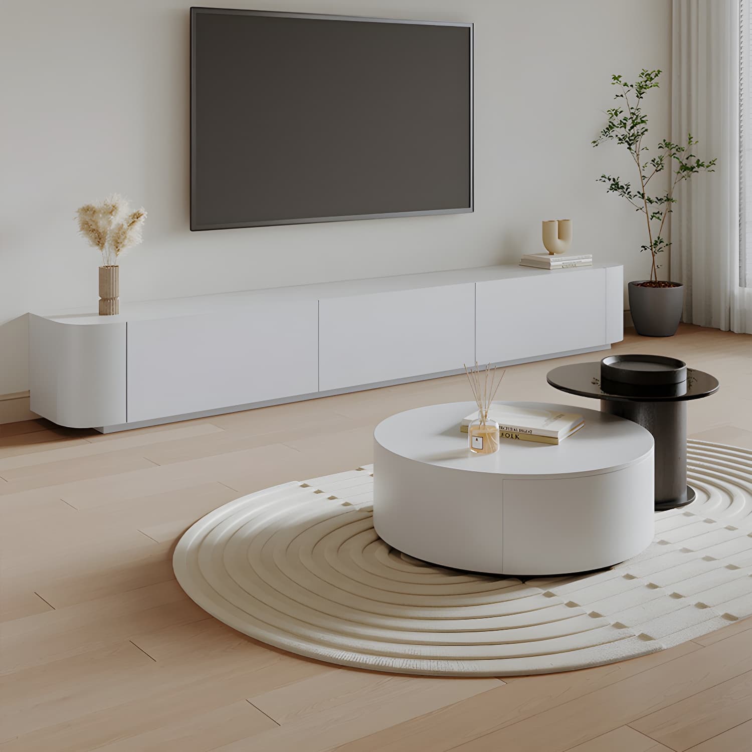 Modern Round Coffee Table with Metal Drum Base and 2 Drawers - image 14