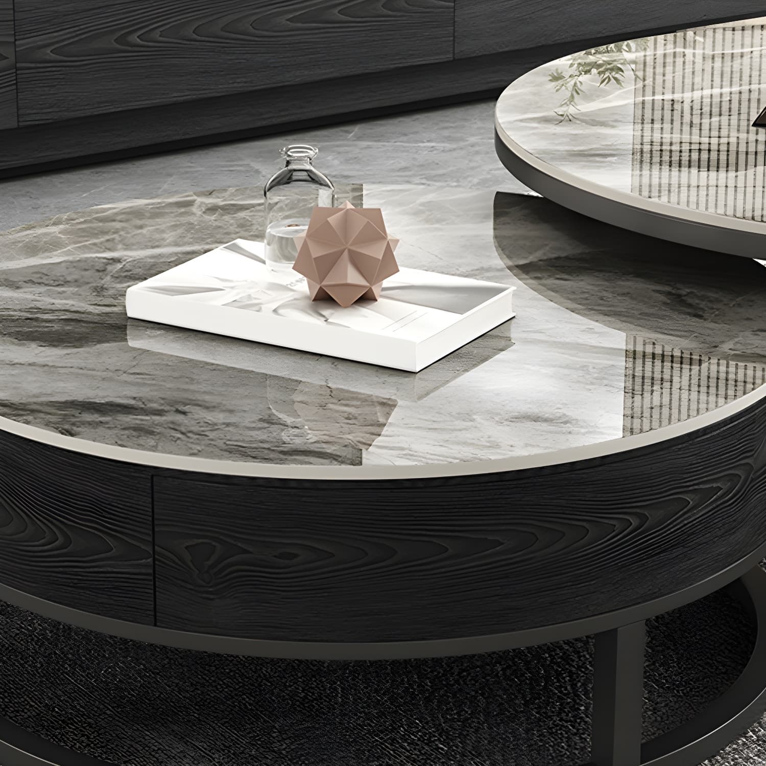 Set of 2 Round Stone Top Modern Nesting Tables with Black Metal Frames and Drawers Included - image 10