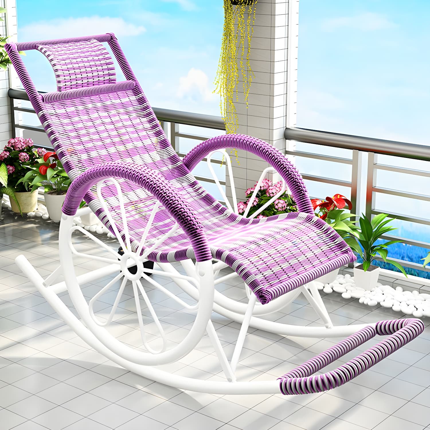 Modern Spindle Rattan Rocking Chair Metal Frame Wheel Handrail Design Rocker Chair - image 17