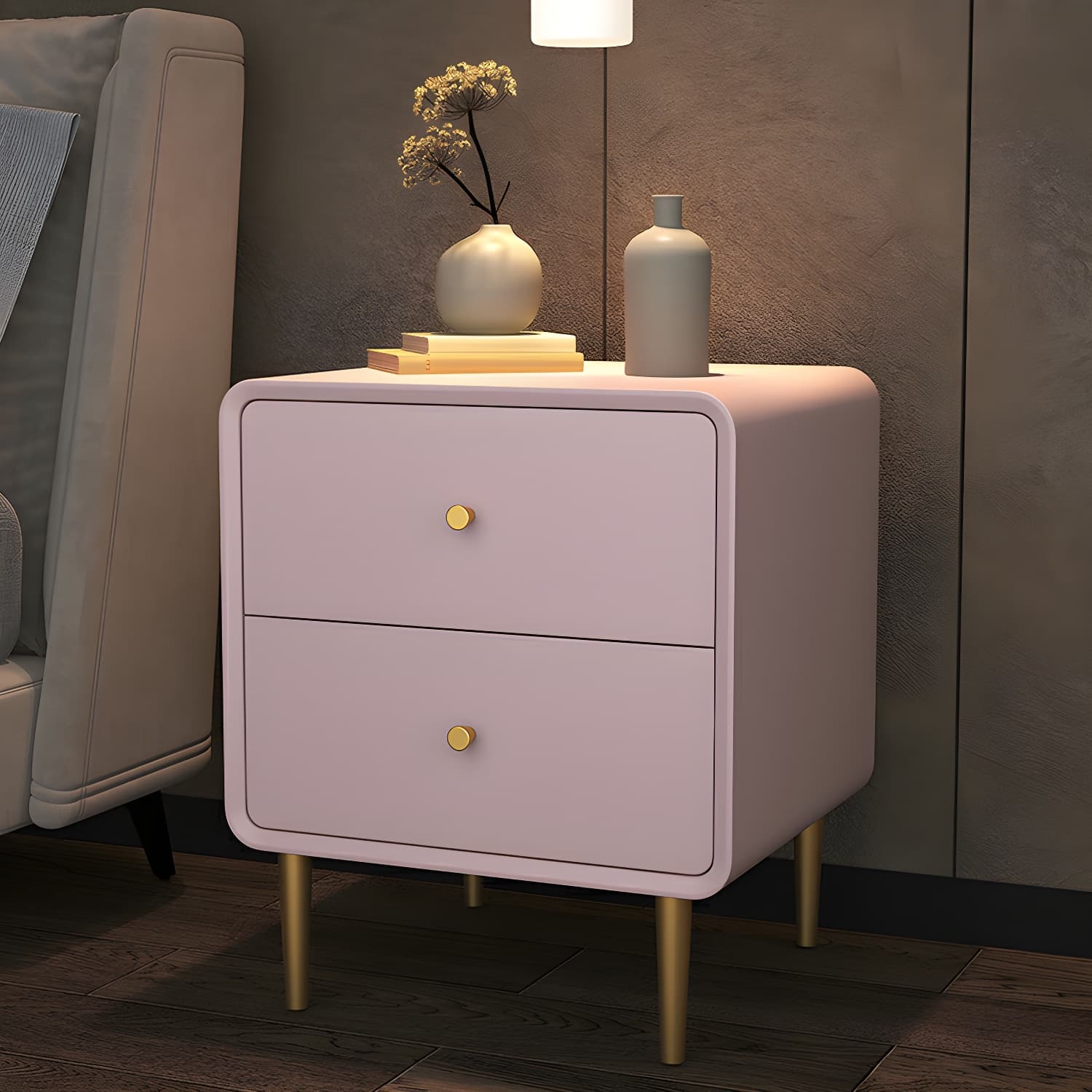 Glam Pine Wood Nightstand with Leather Countertop and 2 Drawers - Small Size - image 10