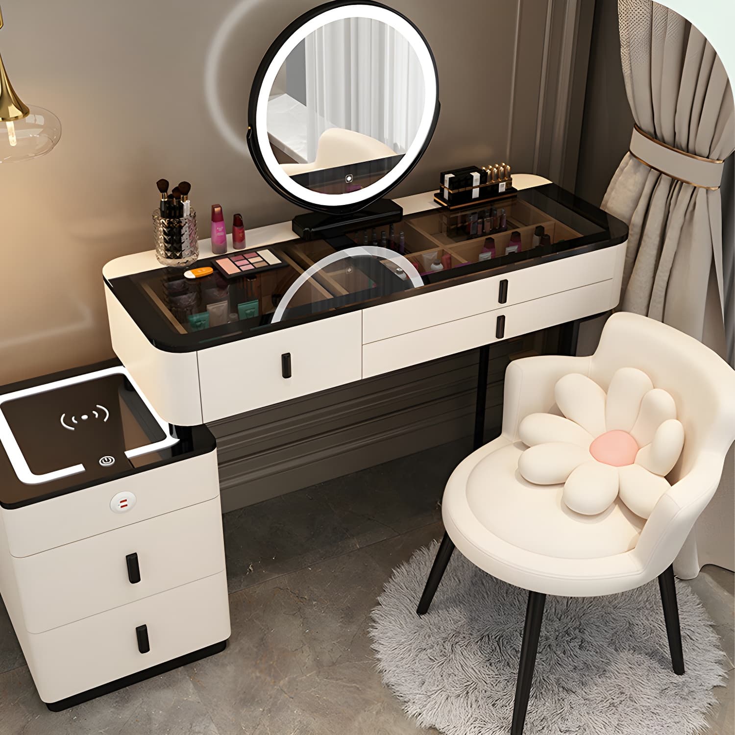 Glam Glass Top Mirrored Vanity Desk and Stool Set with 5 Drawers - image 6
