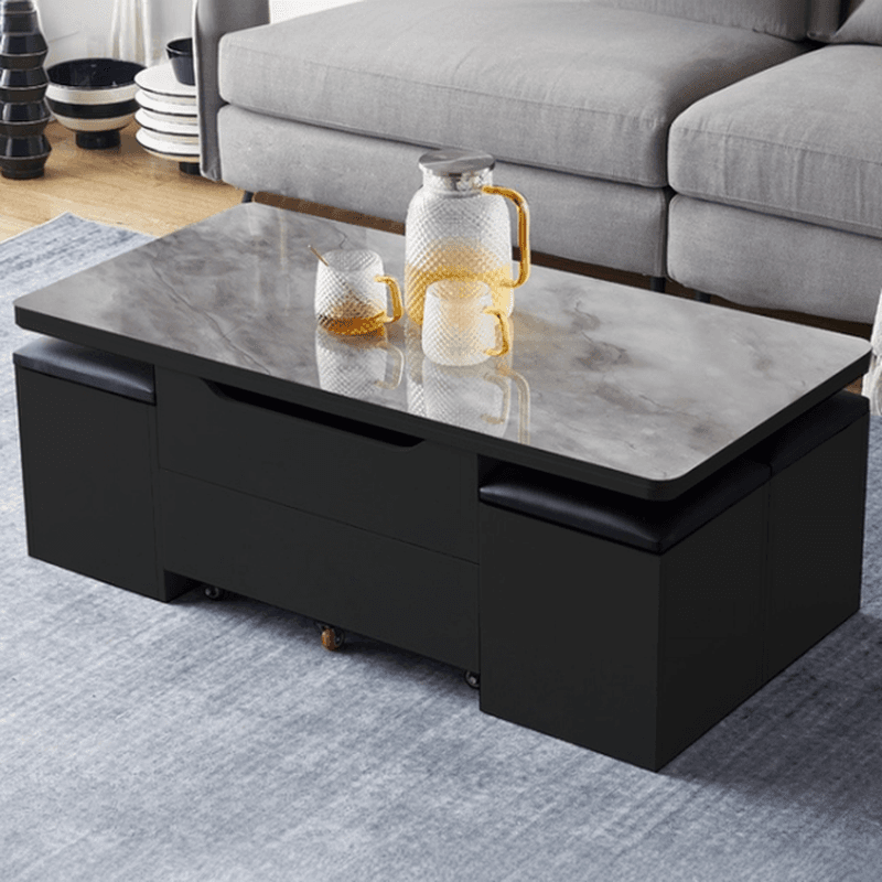 Collapsible Wagon Wheel Convertible Table with Caster Wheels, 1 Shelf/2 Drawers, Lift Top and Stools