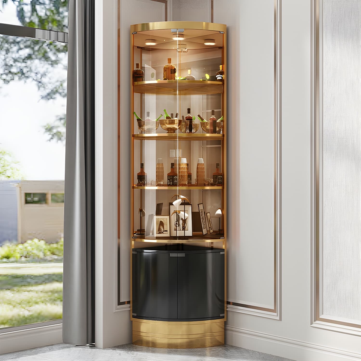 Glam Metal Corner Glass Paned Knobs Accent Cabinet with Shelves - image 6