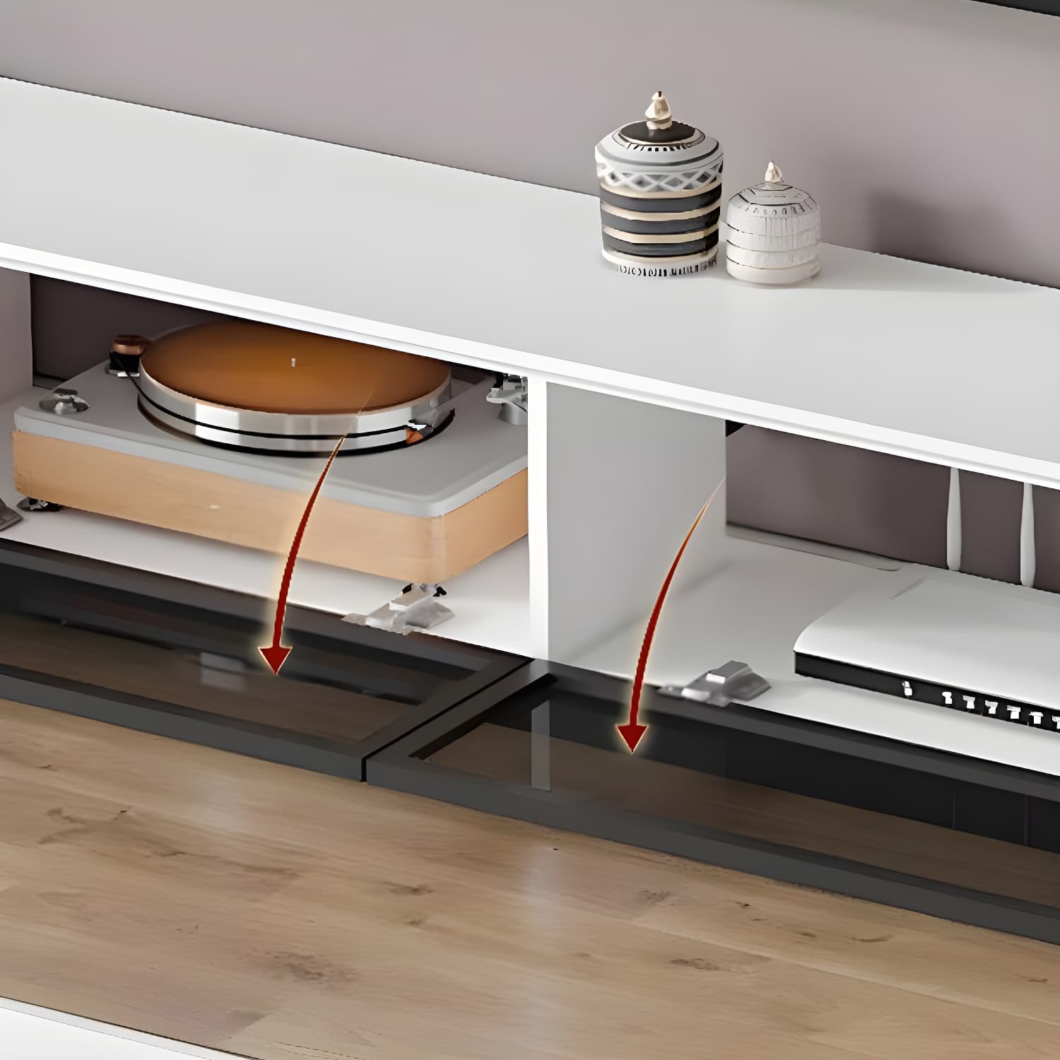 Modern White Stone Top TV Stand with Storage and Cable Management - image 9