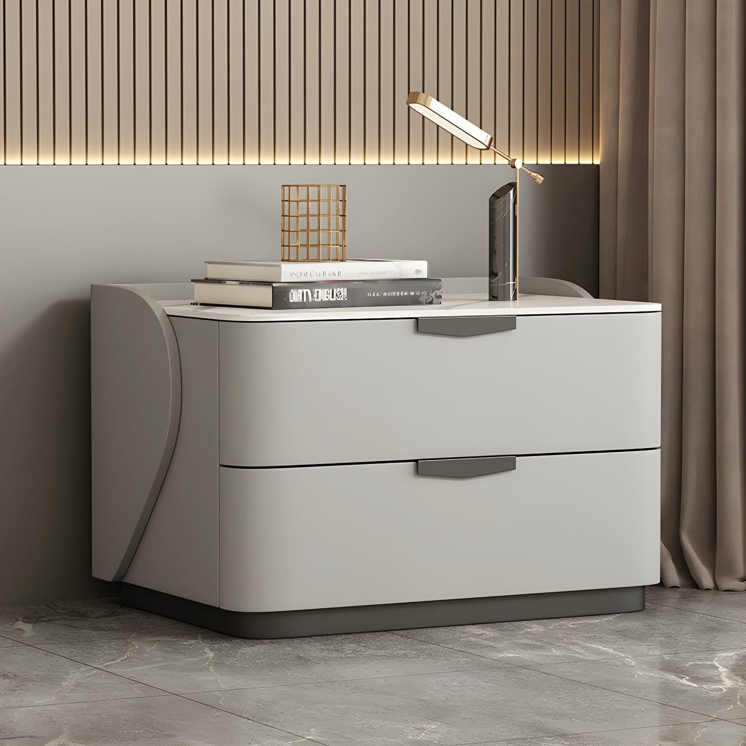 Modern Faux Leather Nightstand with Two Drawers in Light Wood - image 5