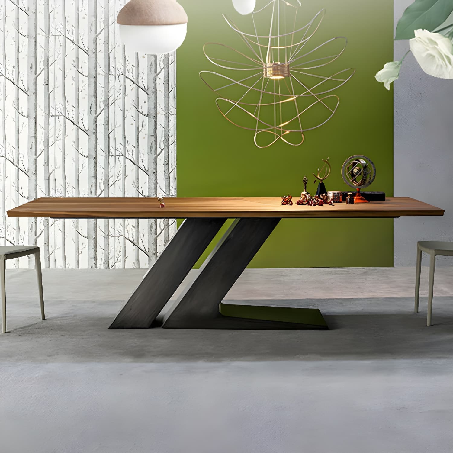 Modern Black Rectangle Wood Top Kitchen & Dining Table with Pedestal Base in Iron - image 12