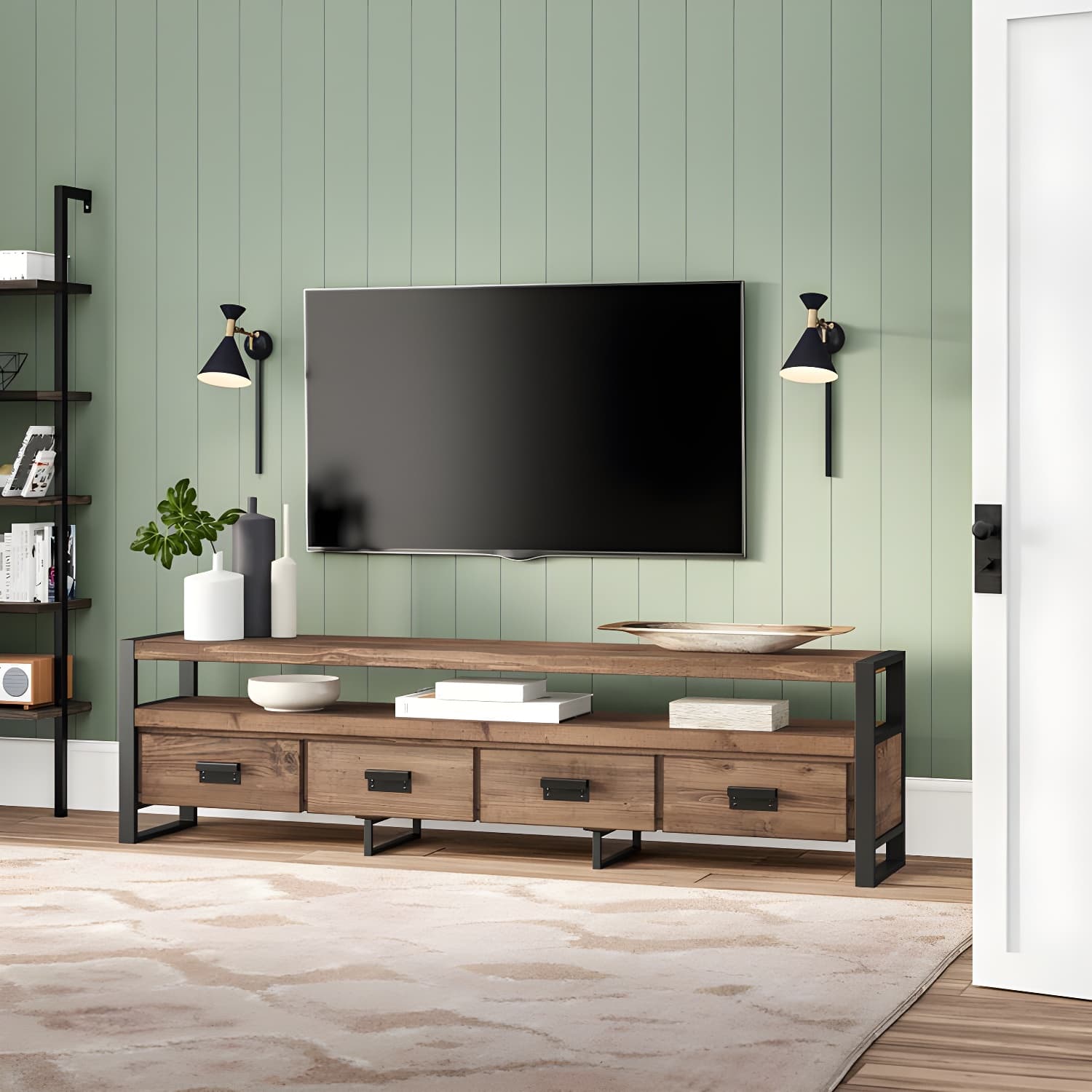 Industrial Wood TV Stand Console Open Storage TV Media Stand with Drawers for Living Room - image 4