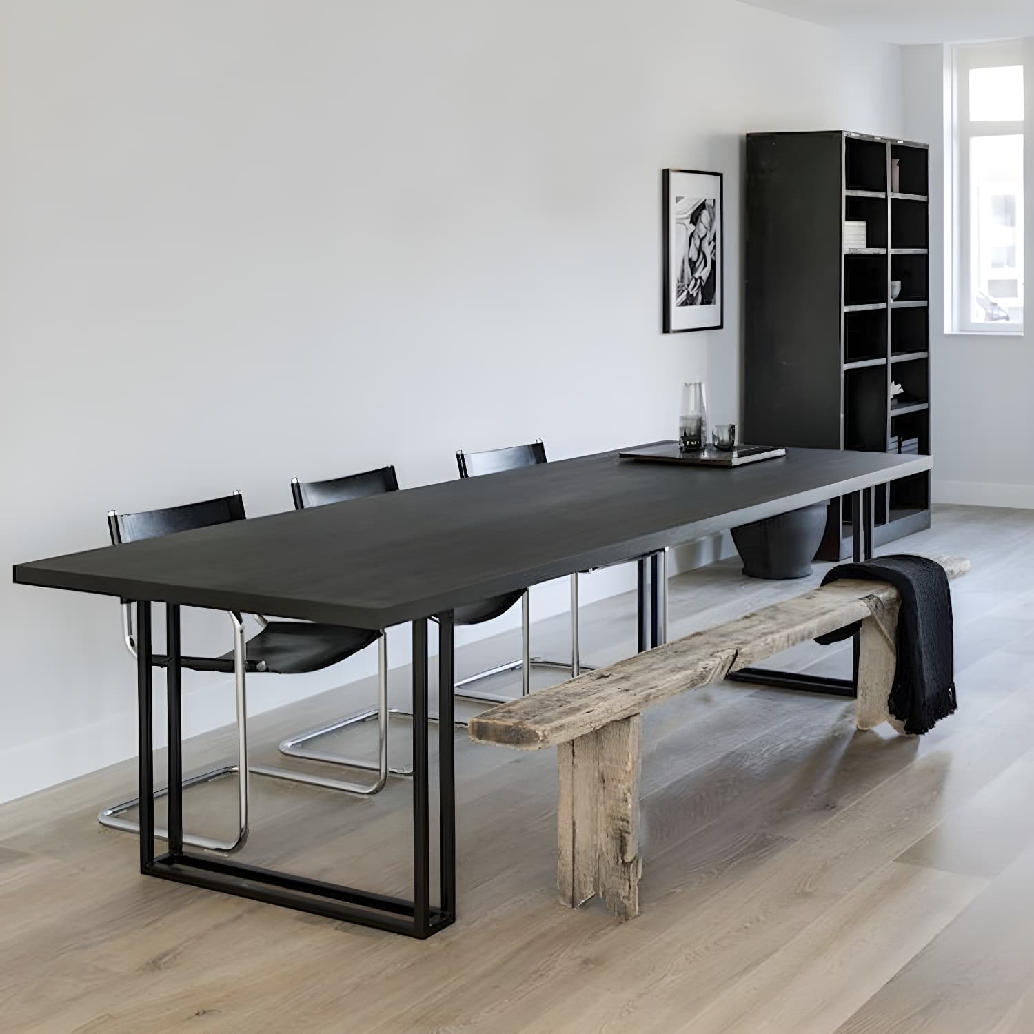 Rectangle Industrial Dining Table Solid Wood Double Pedestal Table with Metal Base - image 4