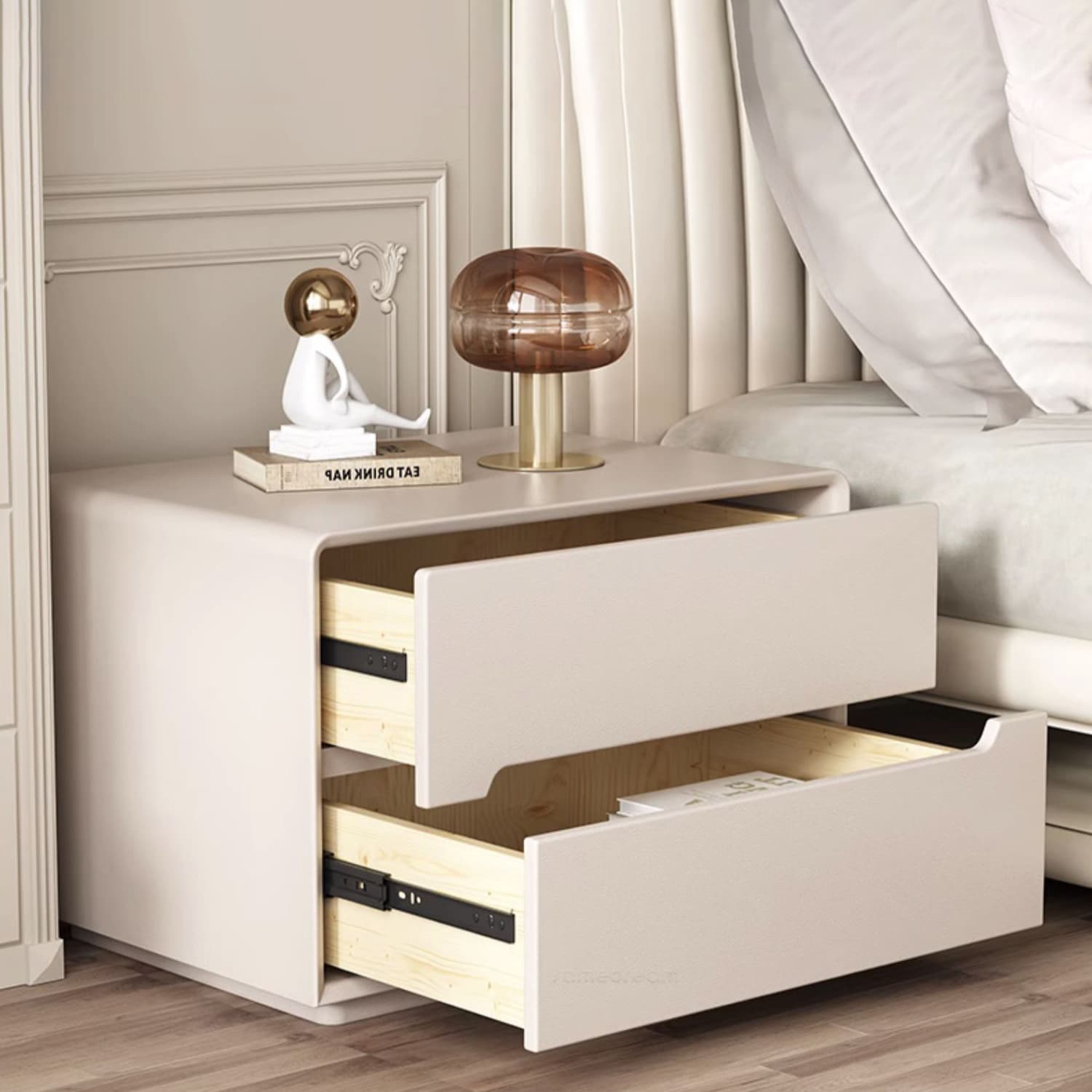 Modern Faux Leather Nightstand with 2 Drawers & No Distressing - Light Wood Tone - image 9