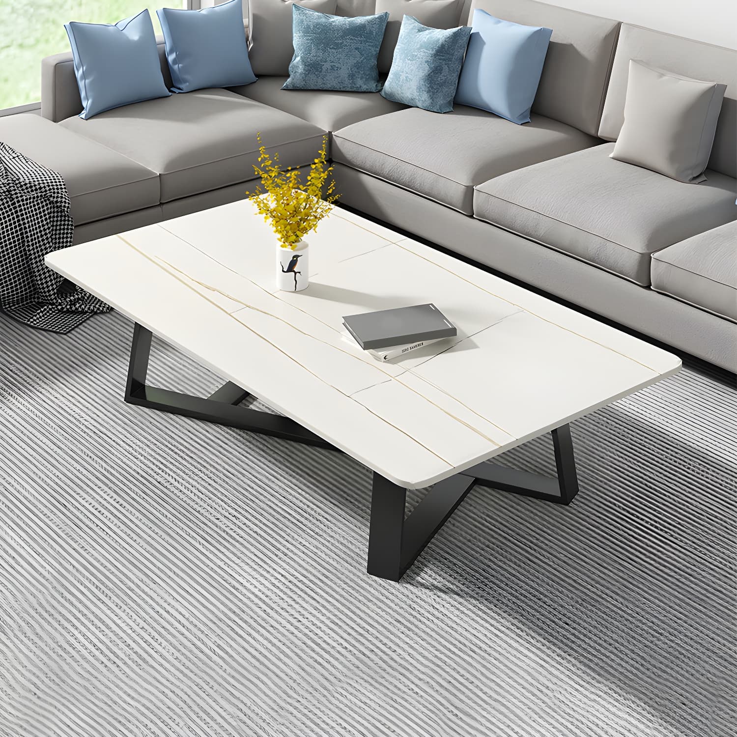 Modern Rectangle Coffee or End Table Stone and Steel Coffee Table with Cross Legs - image 4
