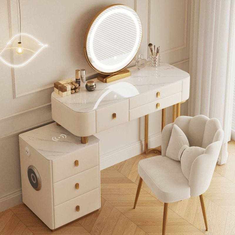 White/Gray/Beige Standard Alloy Vanity Set with LED Mirror, Chair & 6 Drawers