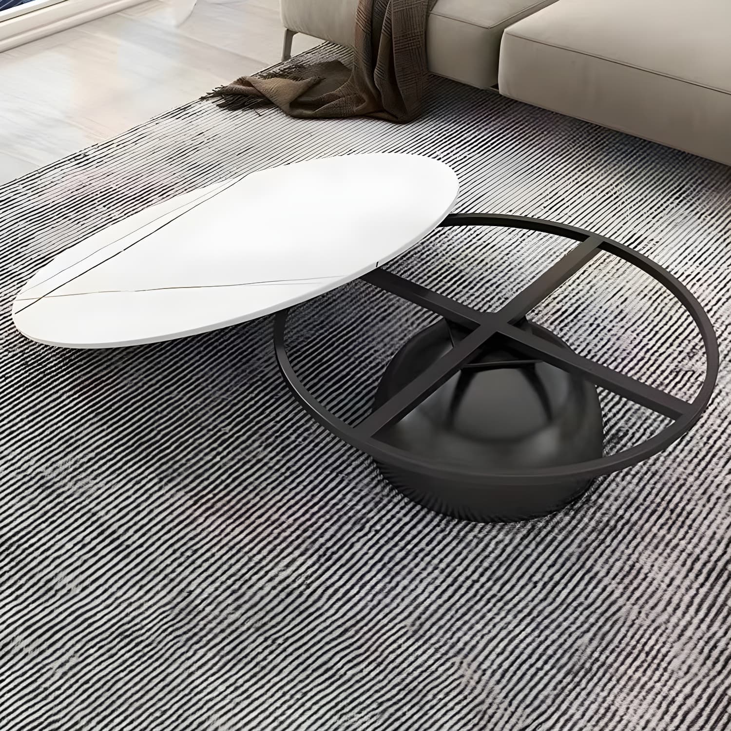 Round Stone Glam Coffee Table with Pedestal Iron Base and Built-in Storage - image 9