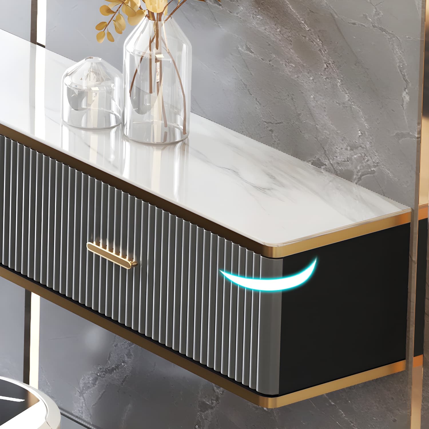 Glam Floating TV Media Stand with Drawers Stone and Wood TV Stand - image 9