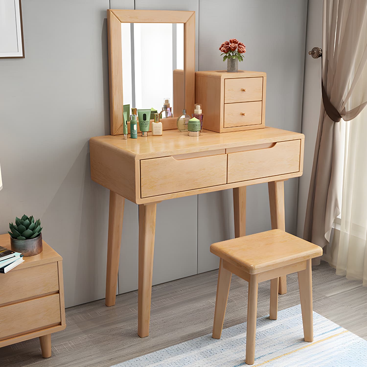 Contemporary Solid Wood Makeup Table Vanity Stool with Drawers - image 10