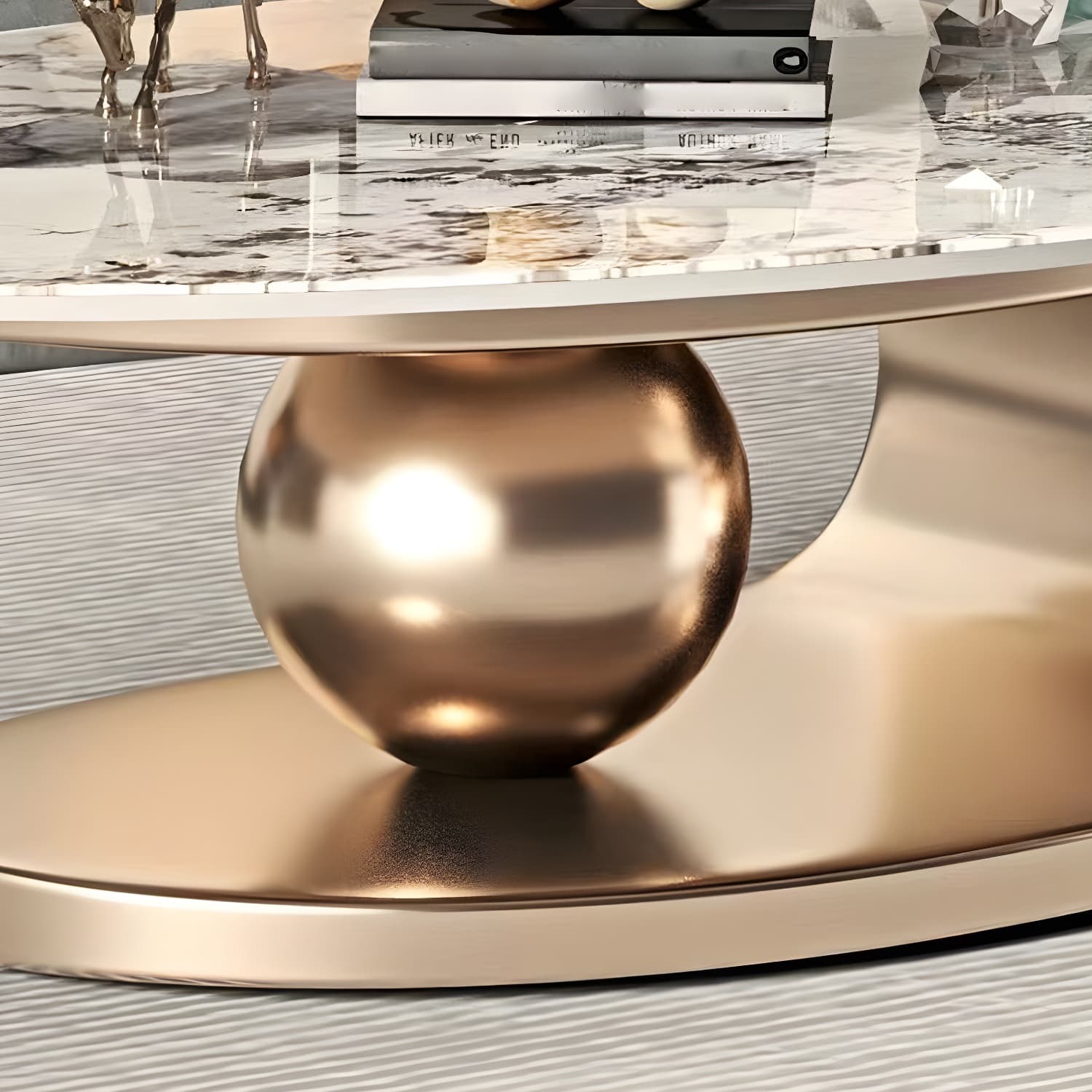 Glam Stone Coffee Table - Beige Oval Shape with Abstract Stainless Steel Base and Scratch Resistant - image 10