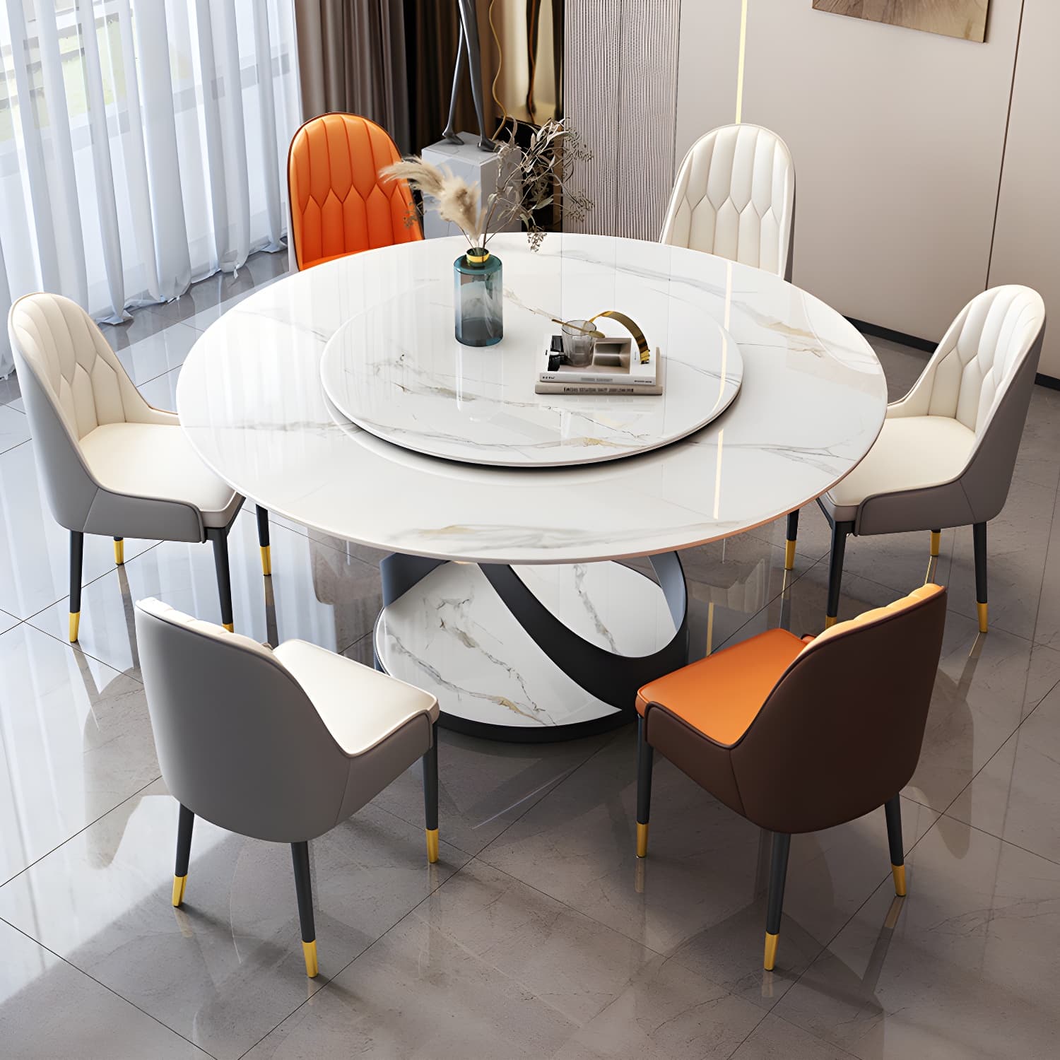 Modern Round Stone Top Lazy Susan Dining Table with Black Steel Pedestal - image 6