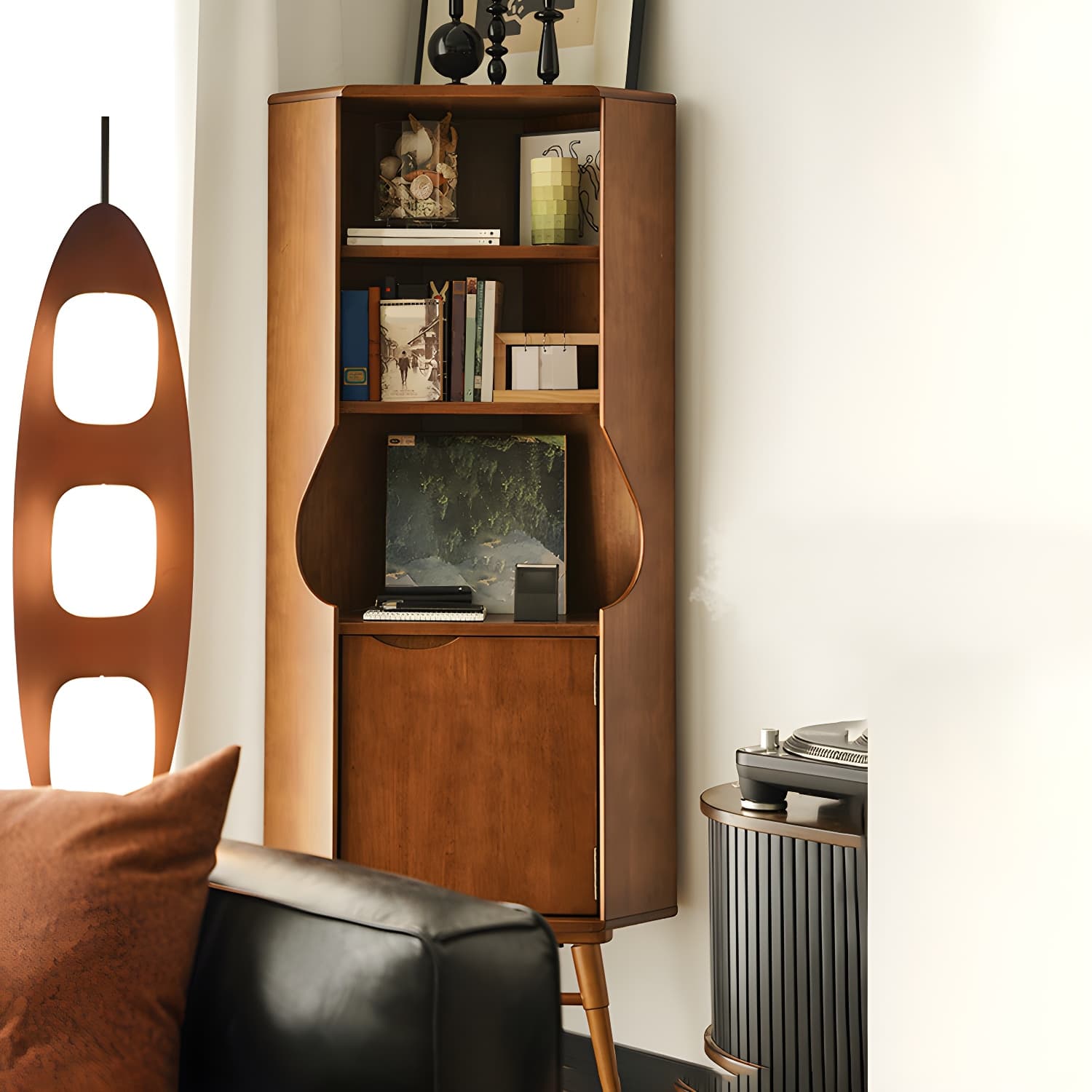 Corner Mid-Century Modern Accent Cabinet with Wood Countertop, Glass Doors, and 5 Shelves - image 6