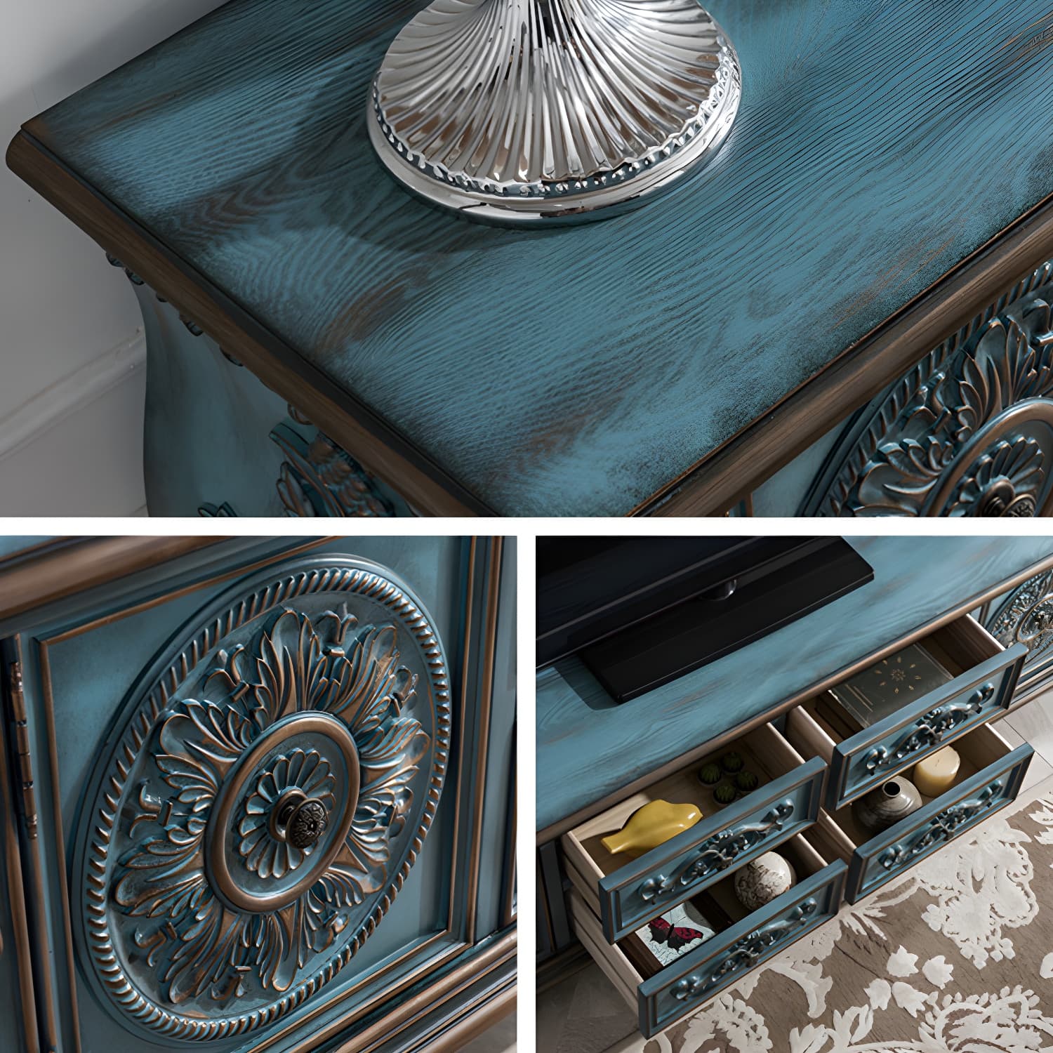 Traditional Rubberwood Media Console Matte Finish TV Media Stand with Drawers - image 8