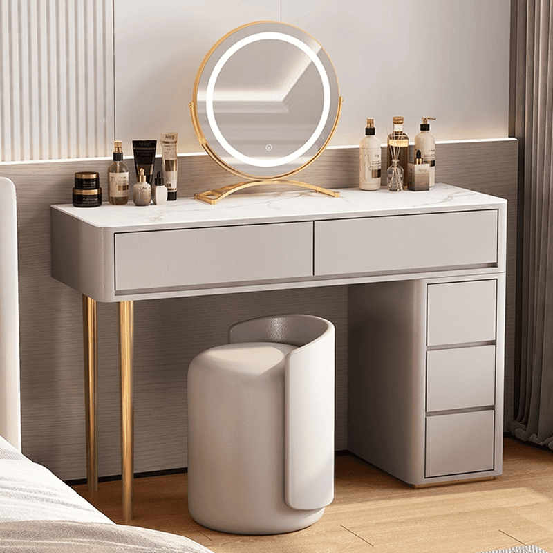 Vanity Set with Stone Table Top, Light Gray Upholstered Chair, 5 Drawers, Mirror Lights, and Push-Pull Lighting - image 5