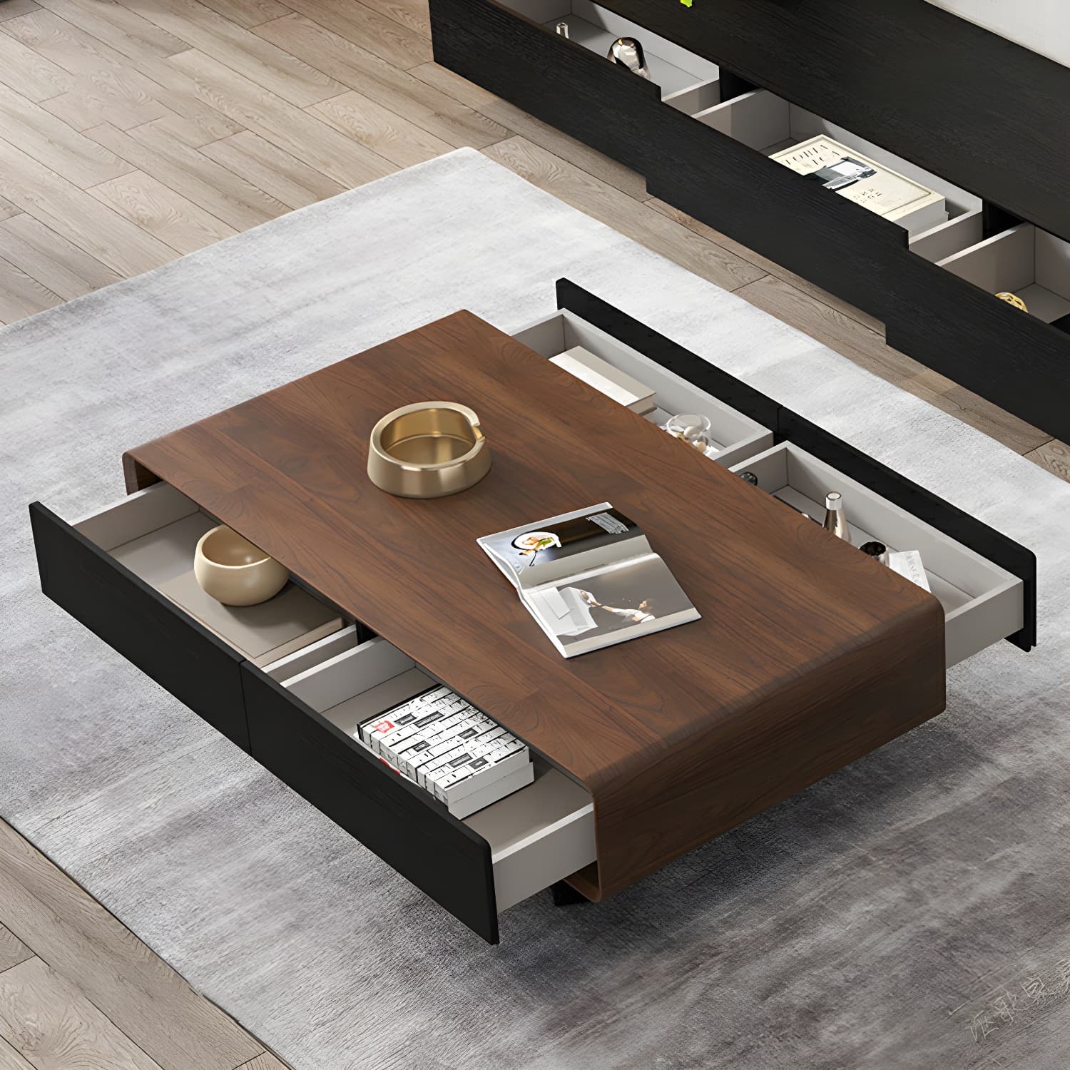 Rectangular Wood Modern Coffee Table with Black Metal Cross Legs and Storage Drawers - image 14