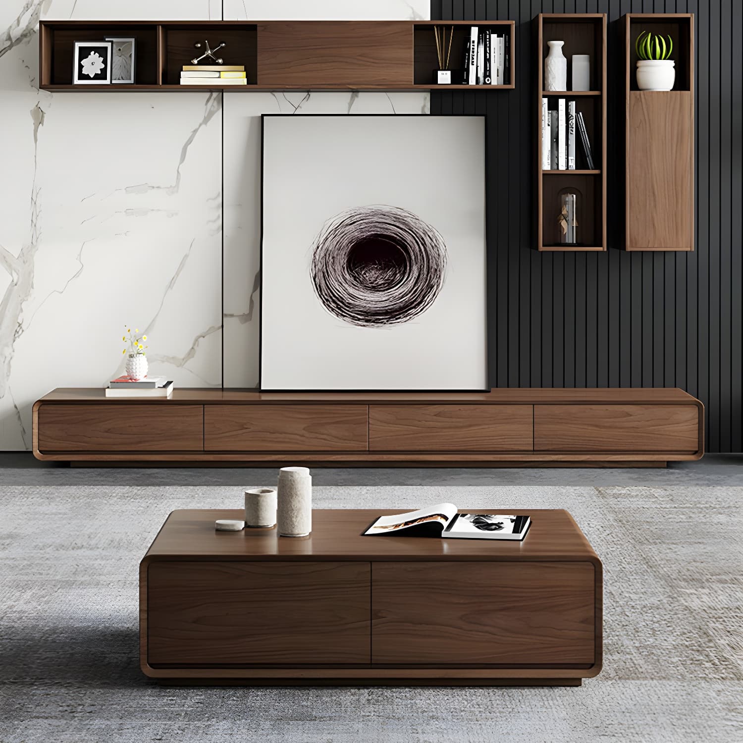Nordic TV Cabinet Walnut Living Room Furniture Small Family TV Stand Console - image 3
