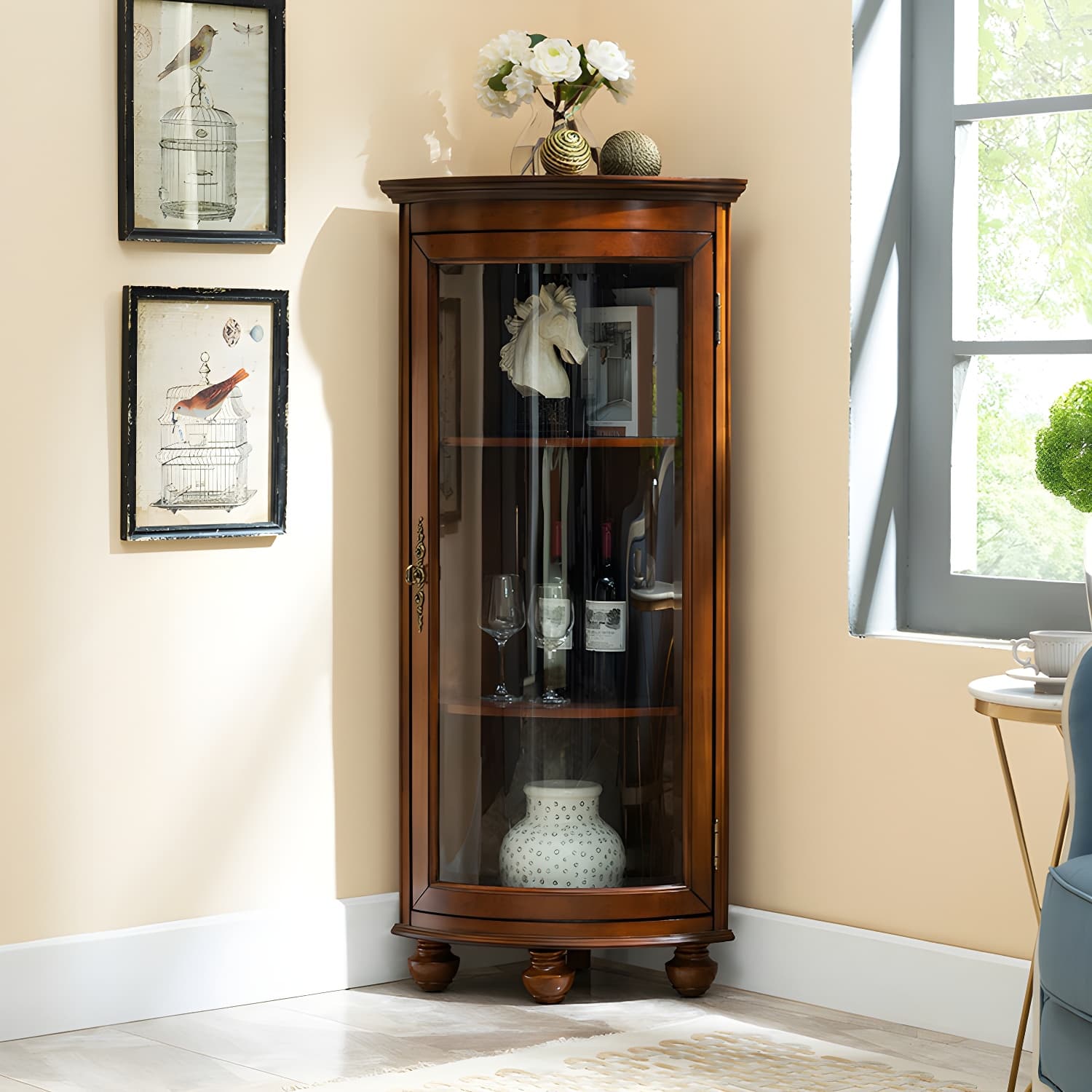 Mid-Century Modern Corner Accent Cabinet with Brown Wood Counter Top and Distressed Metal Base - image 4
