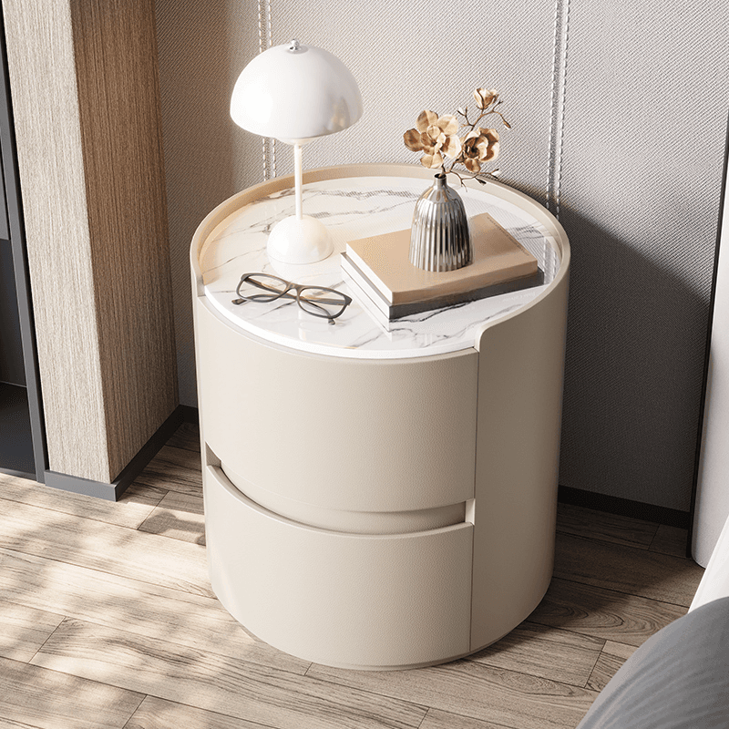 Minimalist 2 Tiers Round Nightstand with Stone Countertop
