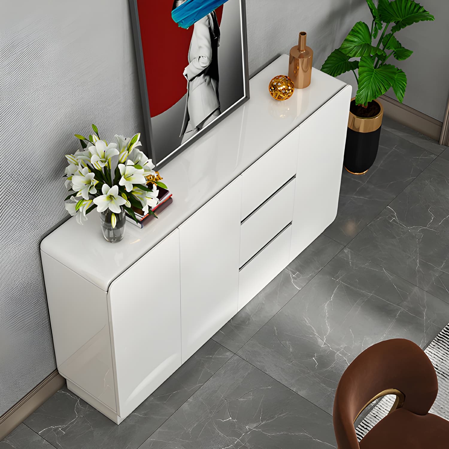White Modern Sideboard Credenza with Adjustable Shelving and 3 Drawers - image 4