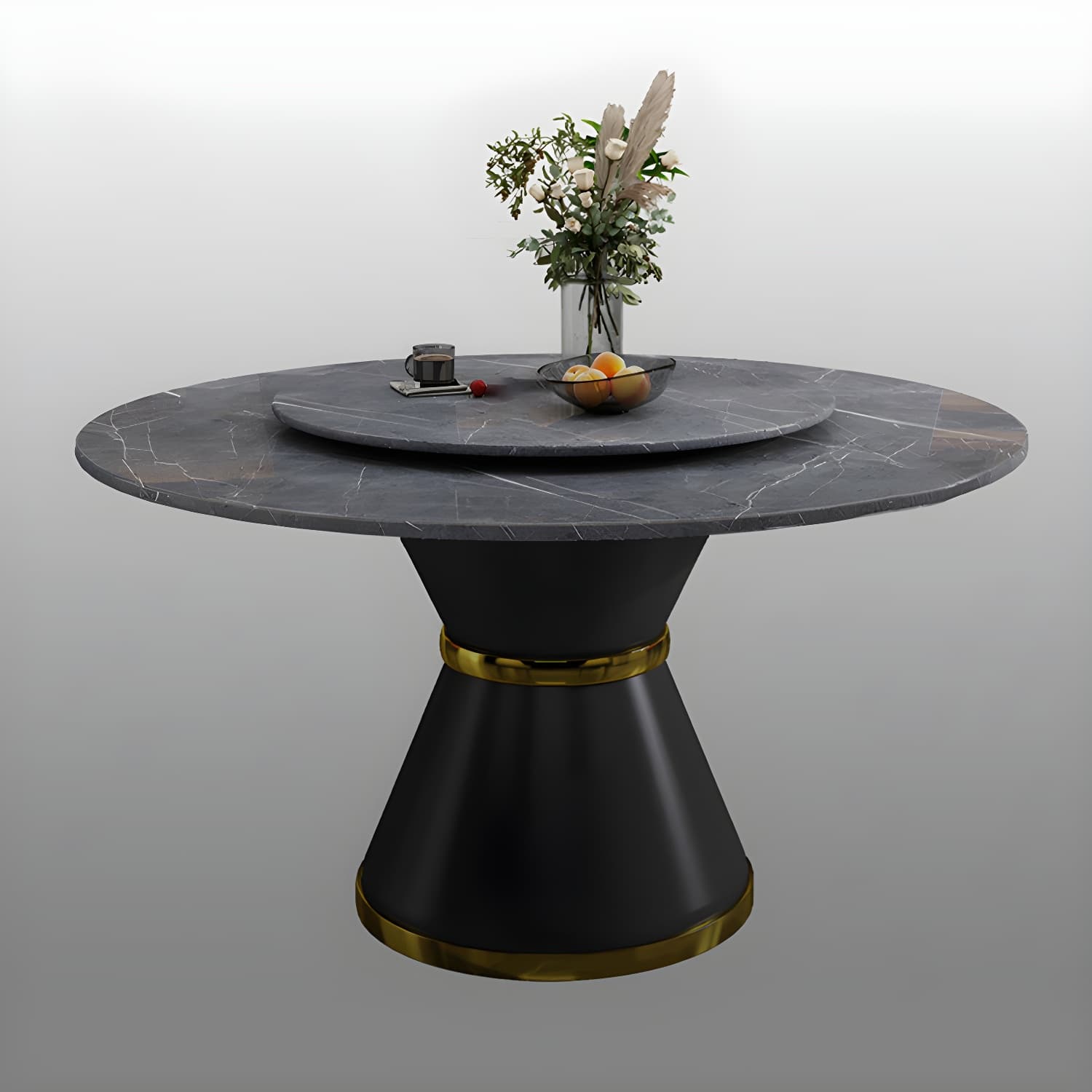 Stone Modern Round Dining Table with Black Steel Pedestal Base and Lazy Susan