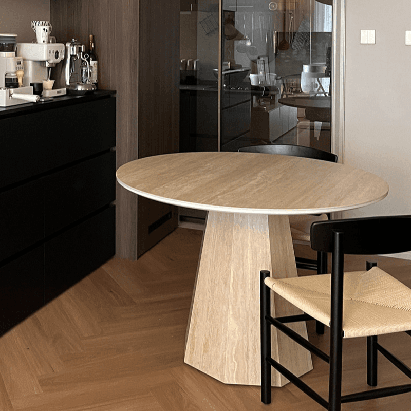 Retro Rounded Slate Dining Table Set with Stump Base, Fixed Mechanism, Unfinished Top