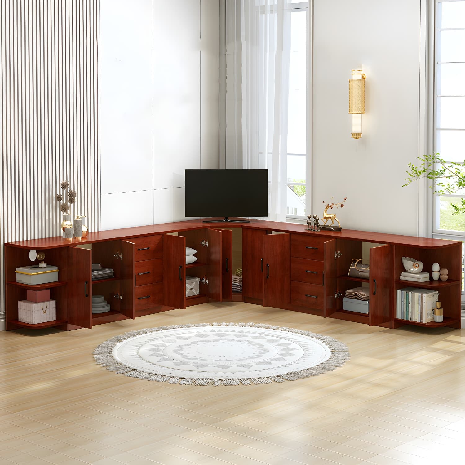 Modern Solid Wood Corner TV Stand Console with Storage Drawers & Shelves - image 4