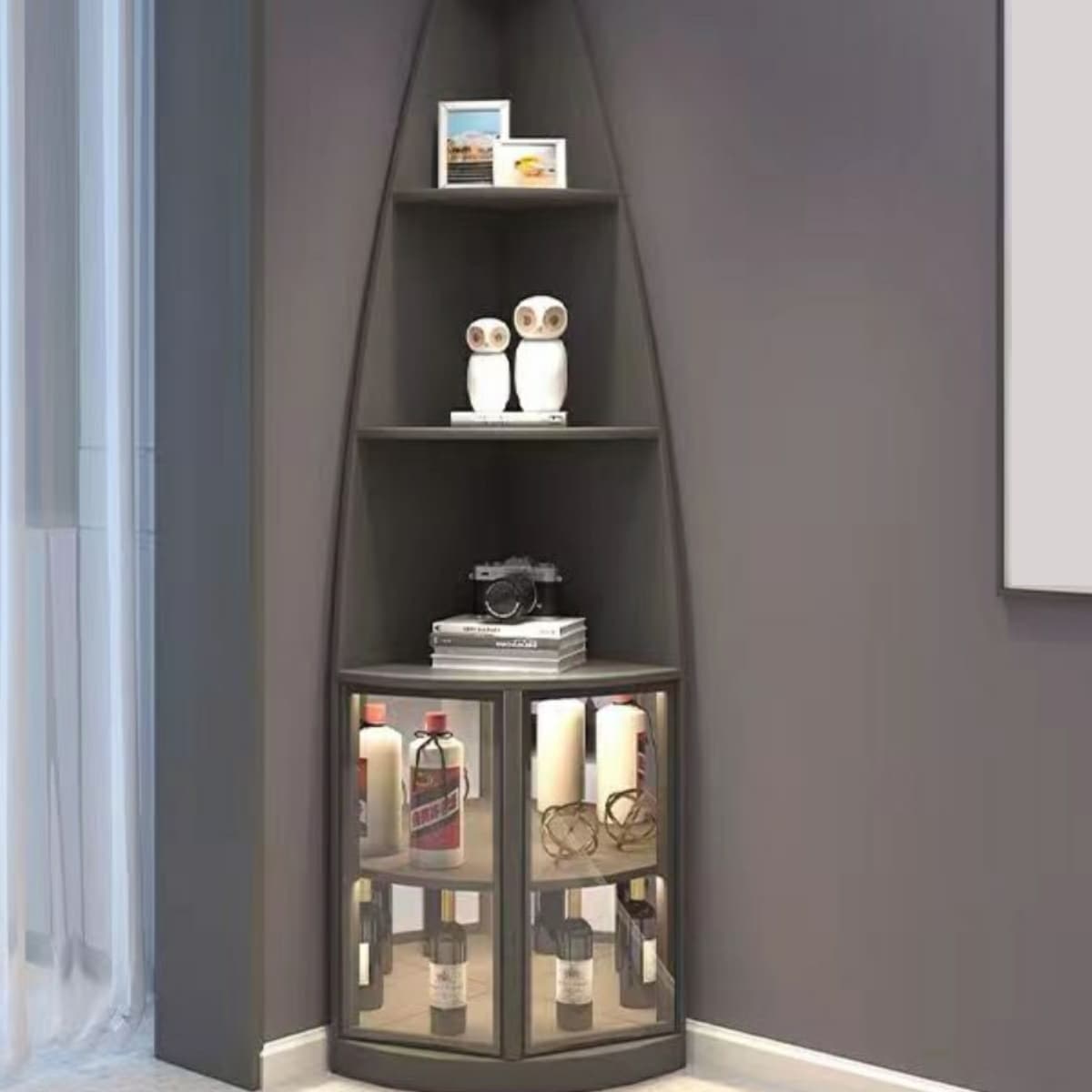 Corner Modern Cabinet with Wood Counter Top and 4 Exterior Shelves - image 5