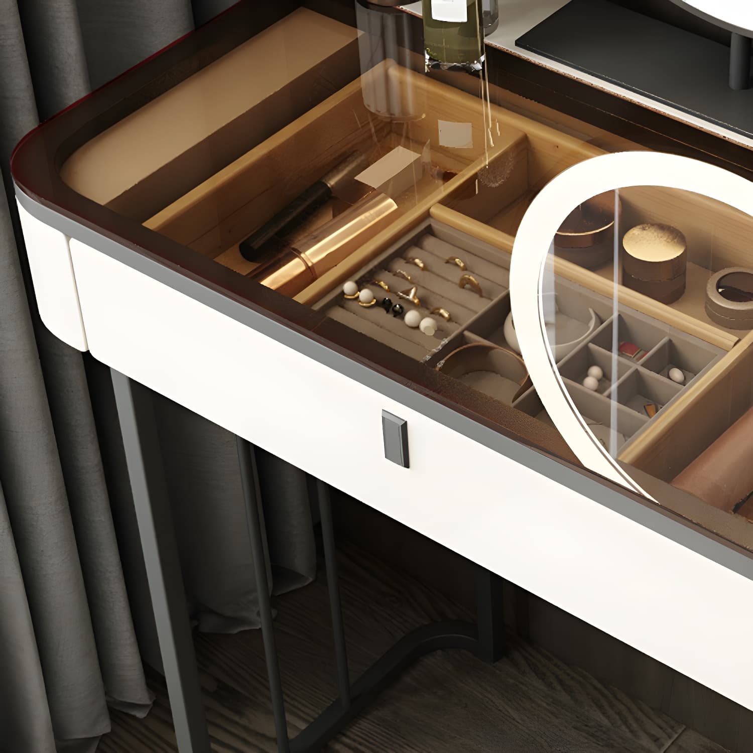 Modern Minimalist White Vanity Table Set 29.53" H Glass Top Vanity Table with Storage - image 8
