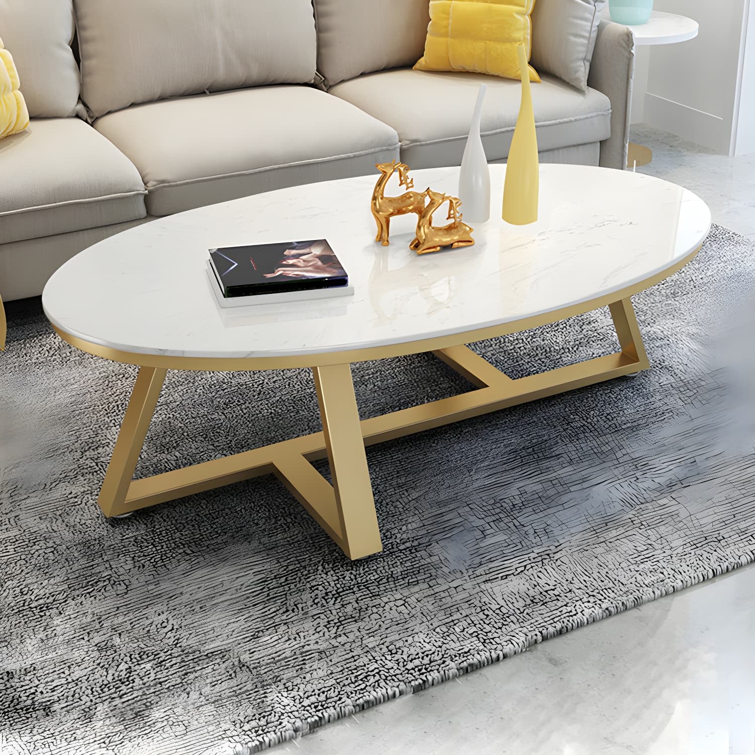 Faux Marble and Stone Coffee Table Cross Legs Cocktail Table