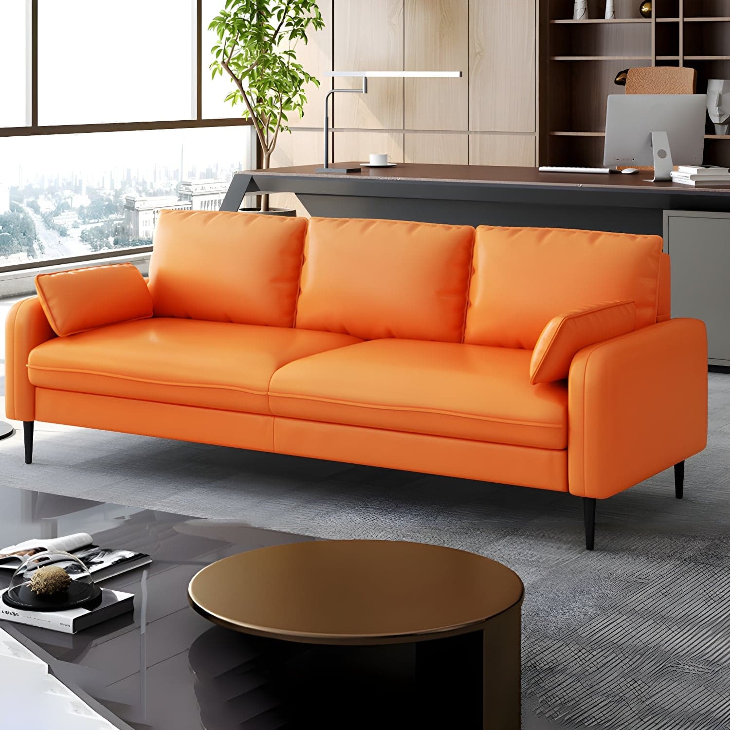 3-Seater Faux Leather Sofa Mid Century Loose Back Square Arm Settee - image 7