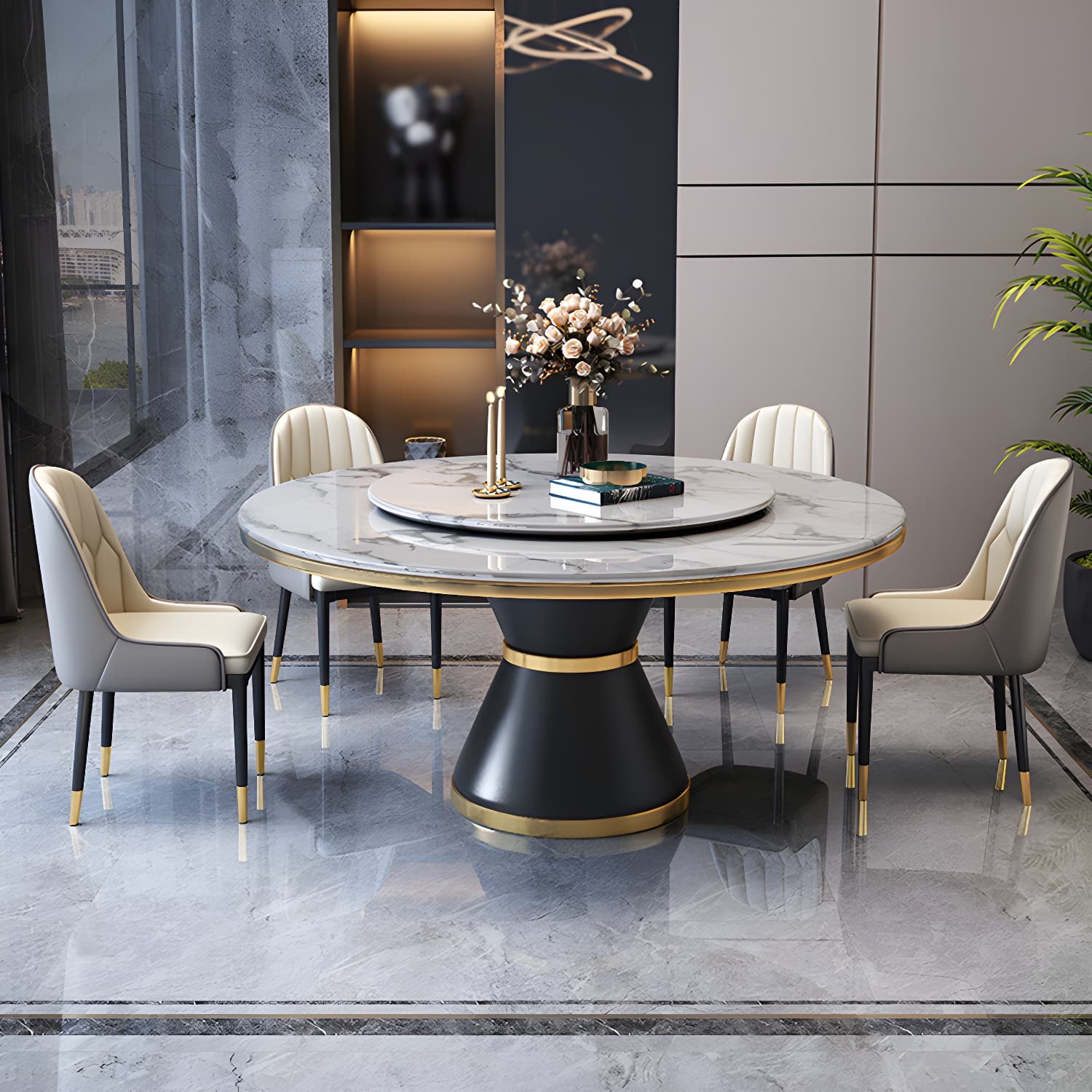 Glam Round Stone Dining Set in White - Fixed Table with Black Metal Pedestal Base - image 4