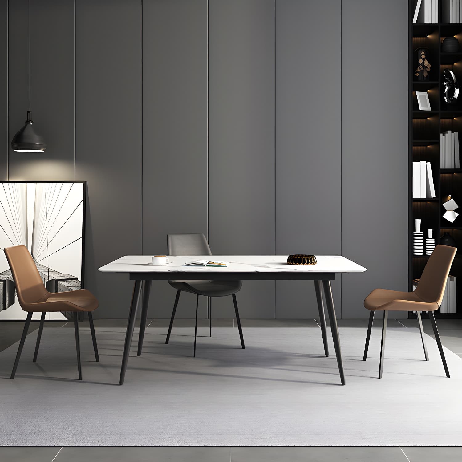 Stone Top Dining Table Rectangle Modern Dining Table with 4 Black Legs - image 9