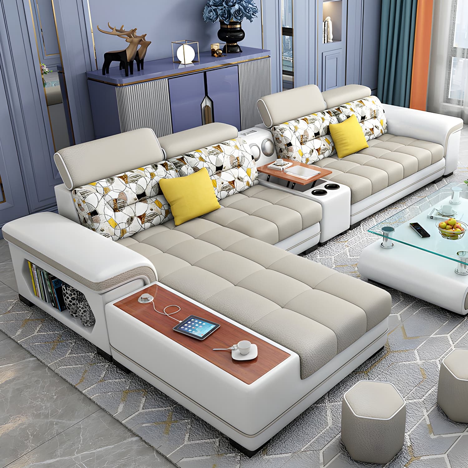 Modern Beige Sectional Sofa with Wood Frame, Pillow Back & Slipcover, Storage Included with Shelves