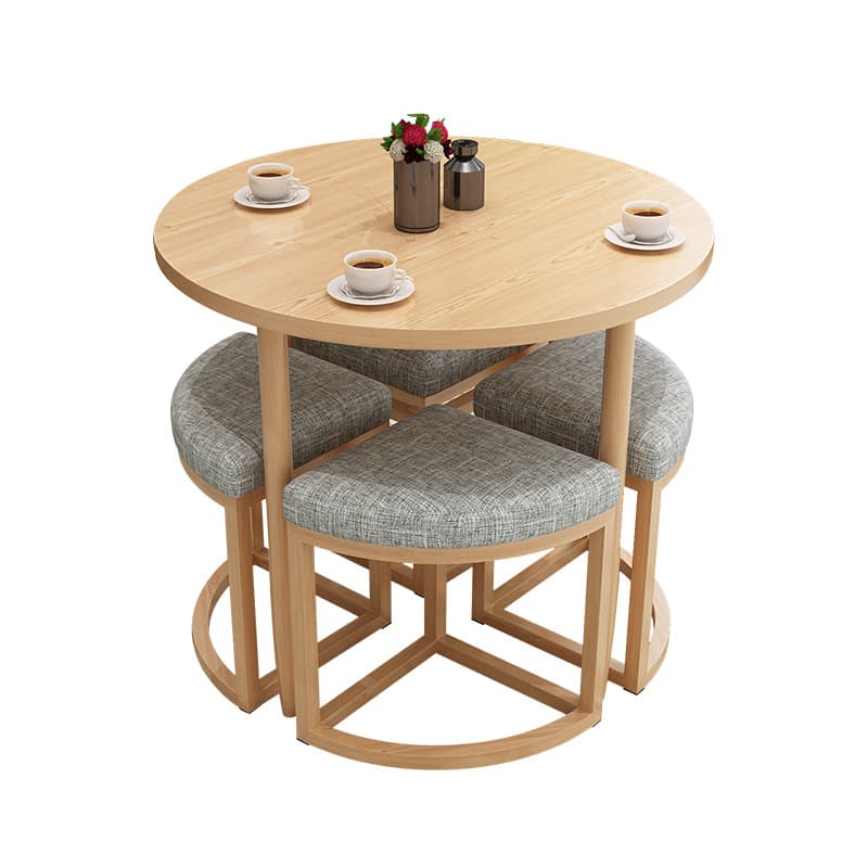 Reclaimed Wood Round Dining Table Set with Metal Toboggan Base and Upholstered Backless Chairs for 4 People - image 8