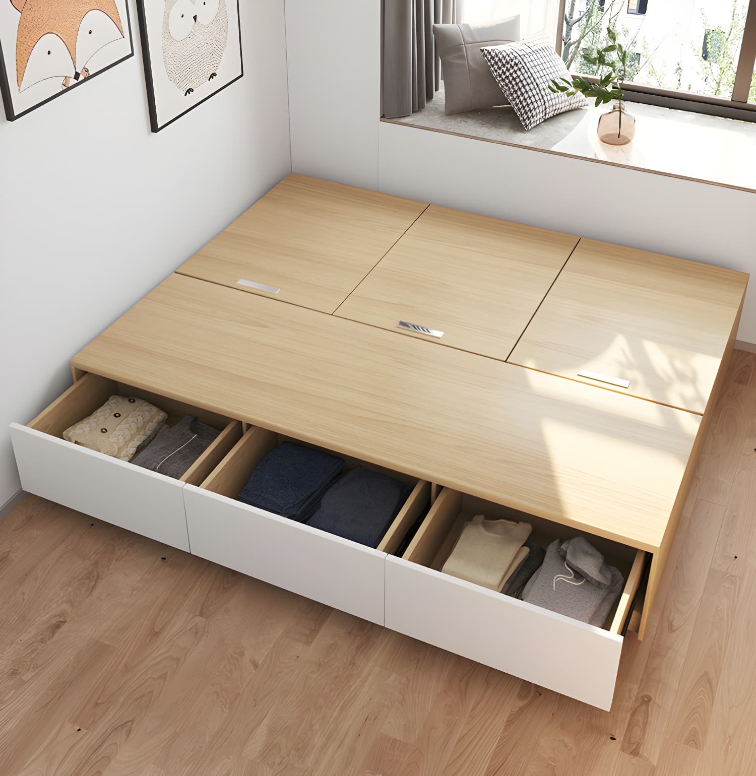 Contemporary Natural Wood Mattress Included Lift Up Storage Bed Frame - image 10