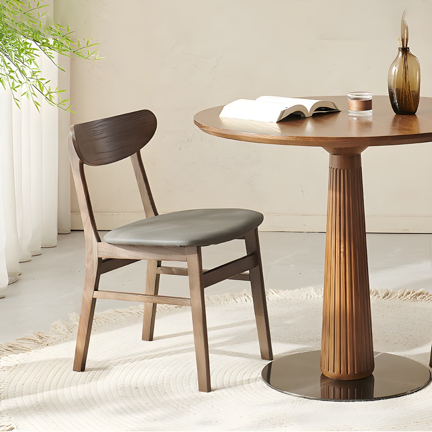 Contemporary Round Brown Ash Top Dining Table with Wood Pedestal - image 4