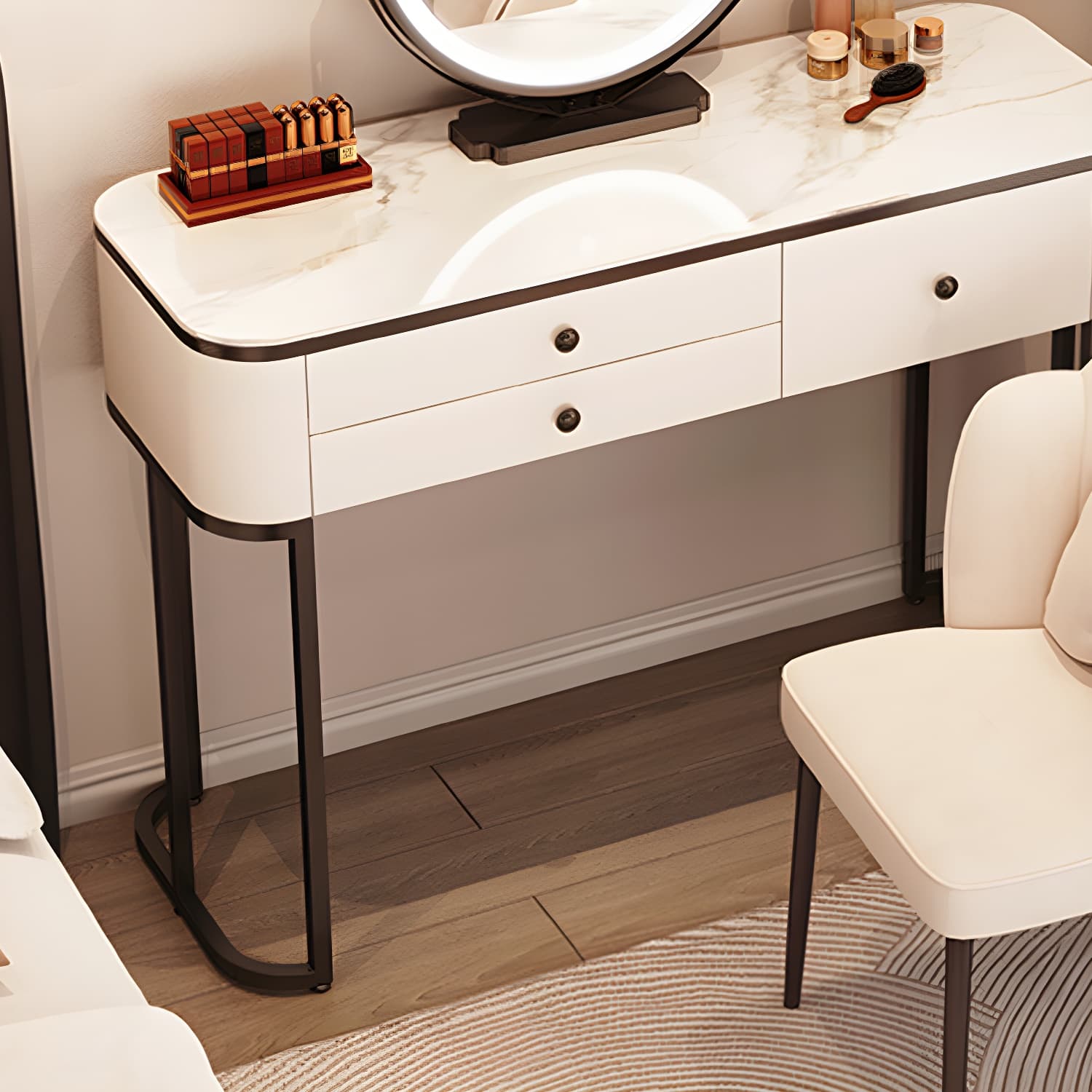 Contemporary Marble and Wood Vanity Table and Stool Set Glam Vanity Dressing Table - image 8