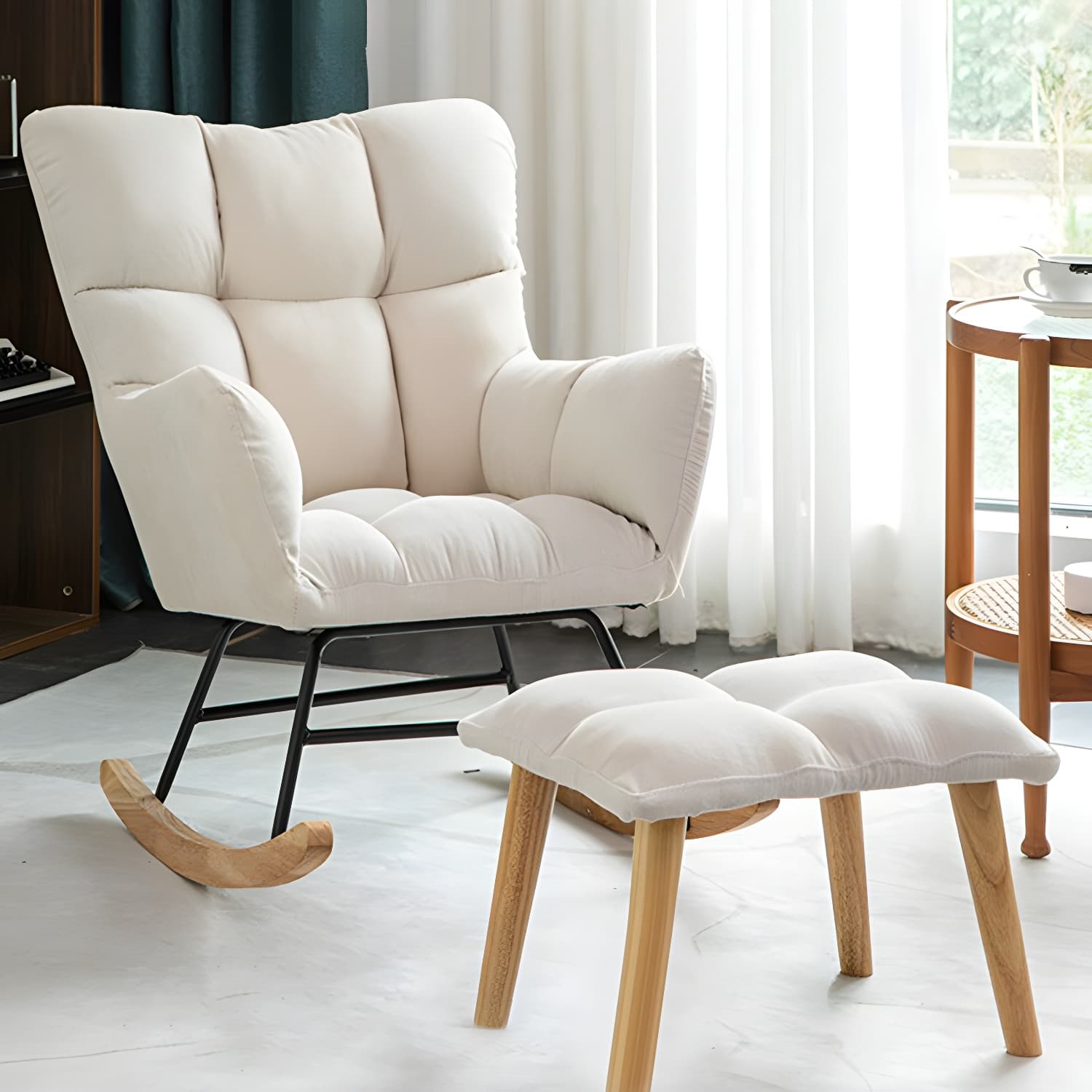 Modern Rocker Chair Upholstered Dark Legs Glider Button-Tufted - image 23