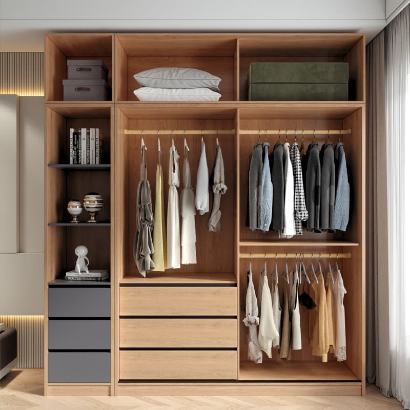 3-Drawer 0-Cabinet Natural Wood Wardrobe Armoire with 3 Clothing Rods