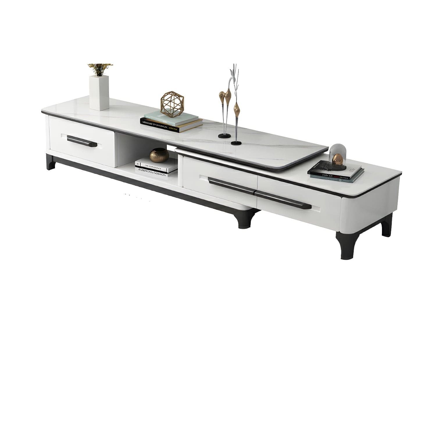Modern Stone TV Stand with Long Length, Open Storage and Drawers featuring Wood Shelves - image 4