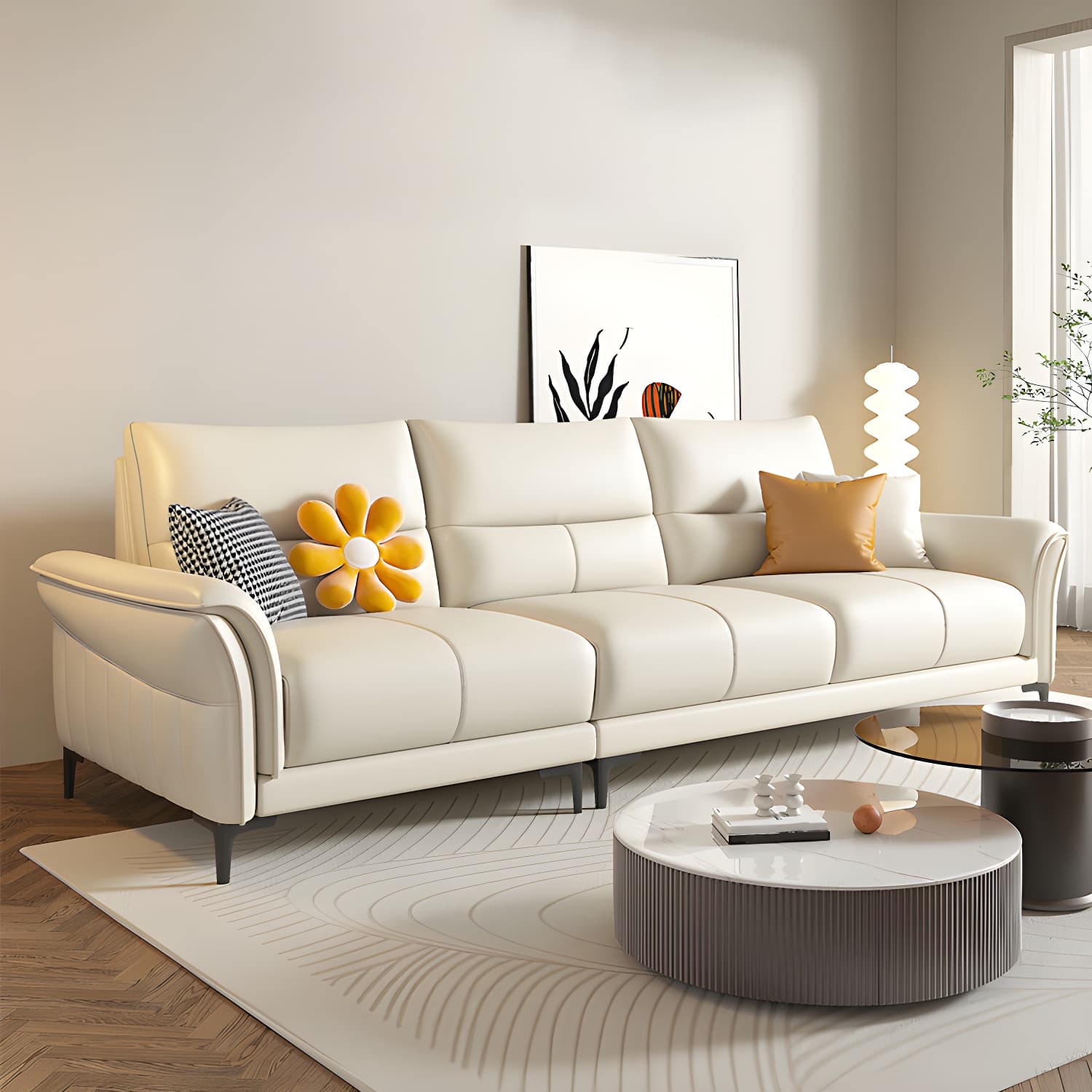 Contrast Flared Arm White Faux Leather Sectional Sofa with Cushion Back - image 3