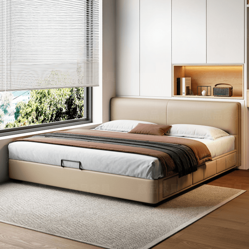 Cream Solid Color Storage Bed/Storage Panel Bed with 3 Storage Boxes, Genuine Leather Frame, Panel Headboard, and Sponge Upholstery for Living Room