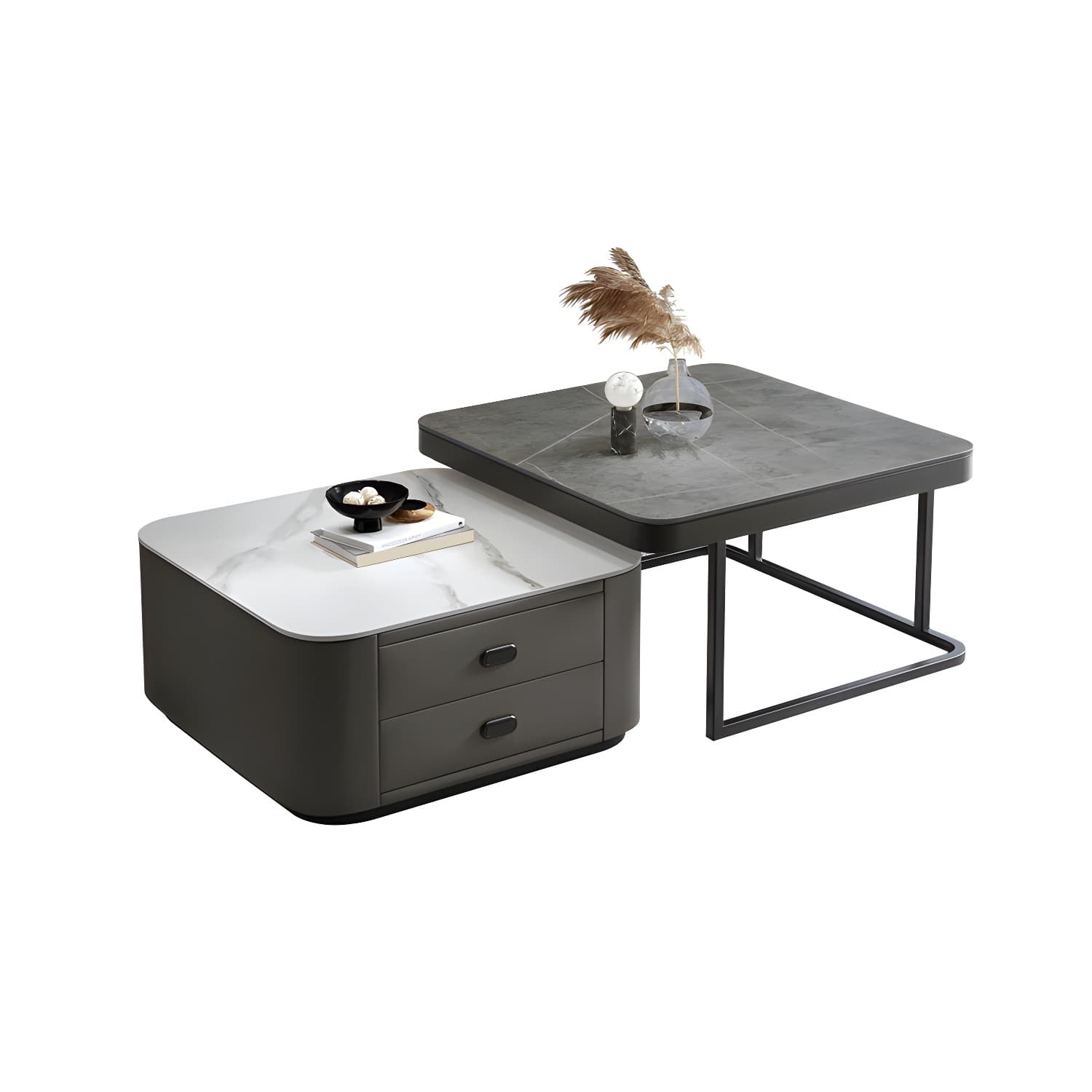 Square Coffee Table Glass Top 2 Nesting Coffee Table Set with Storage - image 9