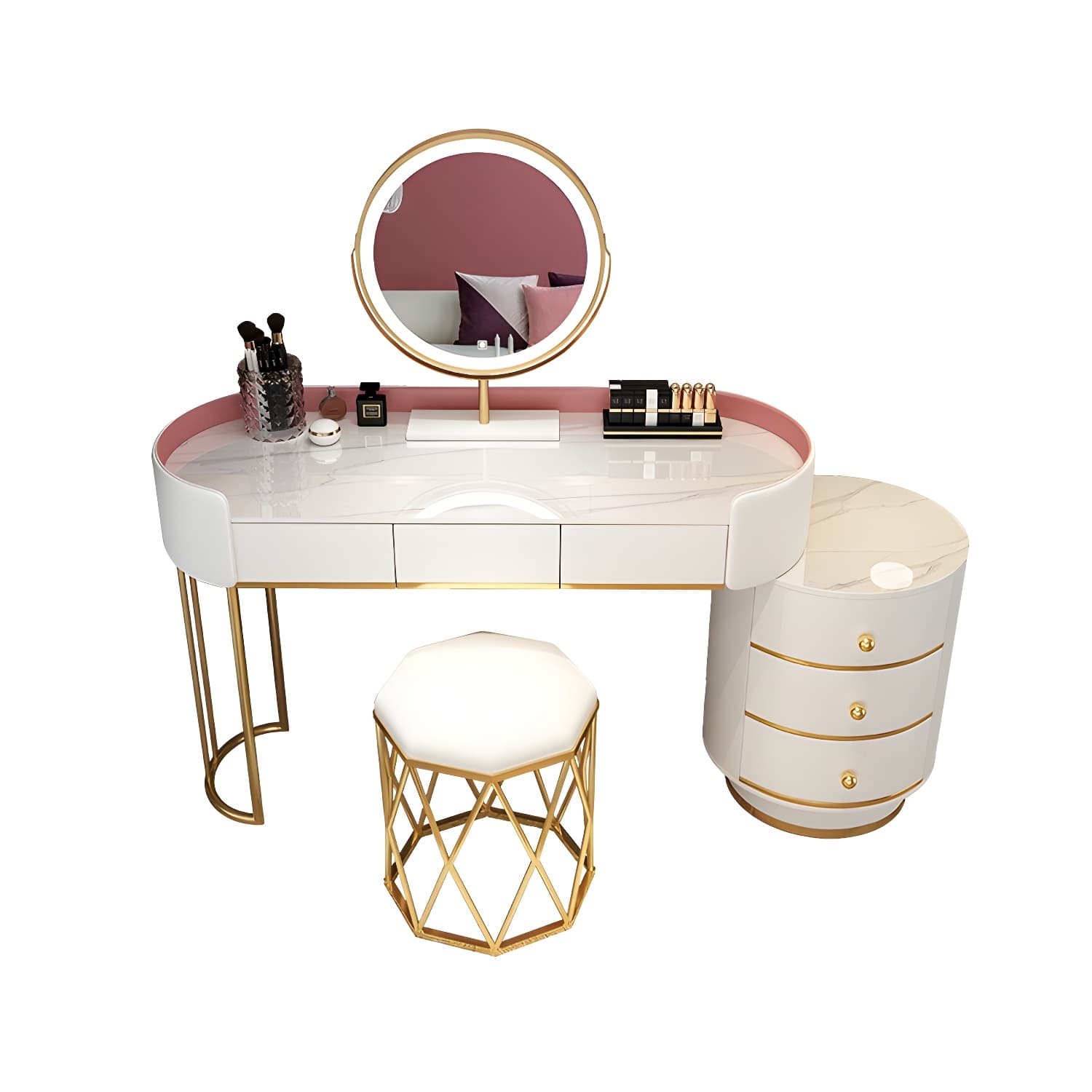 Contemporary Bedroom Metallic Lighted Mirror With Drawer Makeup Vanity Set - image 19